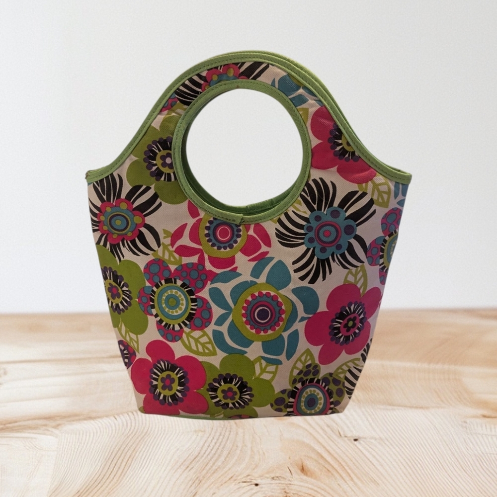 Floral Handled, Zip Top, Insulated W Pocket Lunch Medication Bag 13"Lx12"Wx4"D
